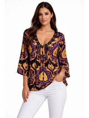 INC Size 2XL - 3/4" Sleeve Tunic Top Beaded Neckline Purple Gold Baroque Print